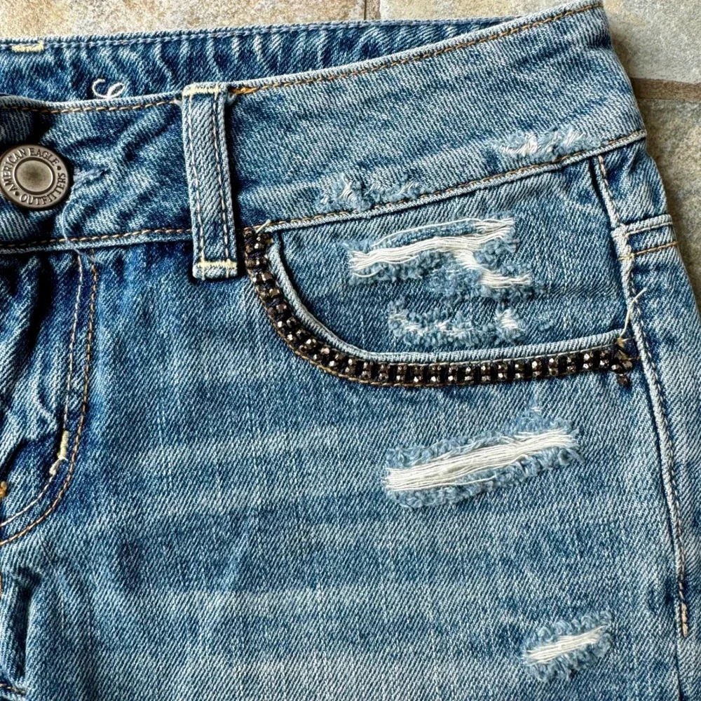 American Eagle Y2K Rhinestone Cut-Off Jean Distressed Bling Shorts‎ Women's 0